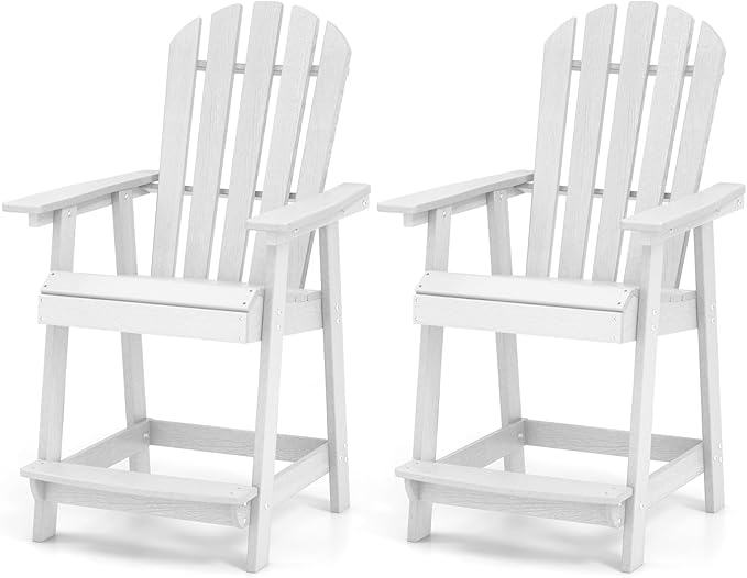 Giantex Tall Adirondack Chair Set of 2, HDPE Outdoor Bar Stools with Armrests, 4.5” Wide Footrest, Patio Adirondack Barstools, All-Weather Balcony Chairs for Poolside, Garden, Backyard (2, White)