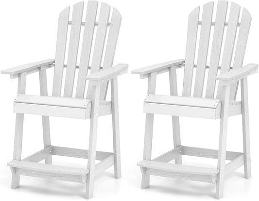 Giantex Tall Adirondack Chair Set of 2, HDPE Outdoor Bar Stools with Armrests, 4.5” Wide Footrest, Patio Adirondack Barstools, All-Weather Balcony Chairs for Poolside, Garden, Backyard (2, White)