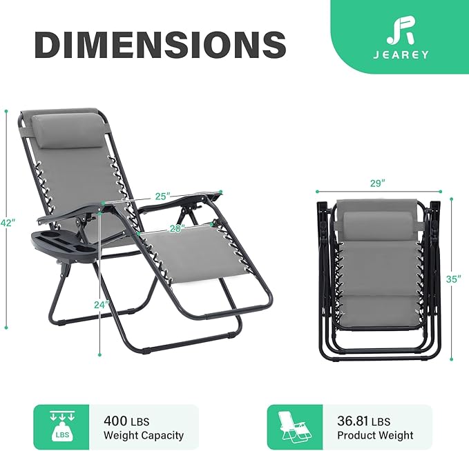 JEAREY Oversized Zero Gravity Lounge Chairs Set of 2, Adjustable Steel Mesh Recliners with Pillows and Cup Holder Trays for Patio, Garden, Beach, Light Grey