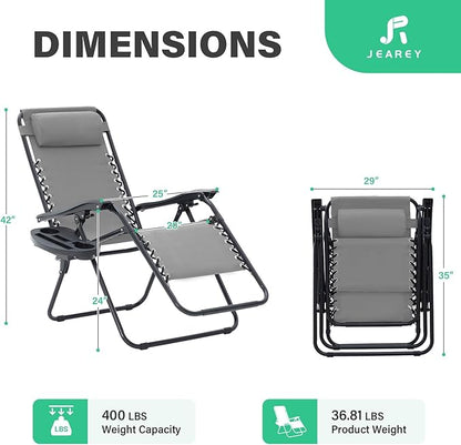 JEAREY Oversized Zero Gravity Lounge Chairs Set of 2, Adjustable Steel Mesh Recliners with Pillows and Cup Holder Trays for Patio, Garden, Beach, Light Grey
