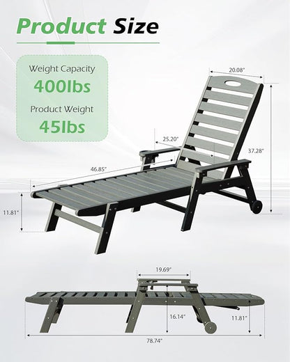 Domi Patio Lounge Chair Outdoor, HDPE Outdoor Chaise Lounge with Reclining Backrest, Pool Lounger Chair for Outside, Poolside, Sunbathing Tanning, Grey