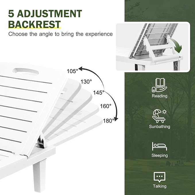 CDCASA Outdoor Chaise Lounge Set of 4, Pool Lounge Chairs w/5 Adjustable Positions & Side Tray, Waterproof Resin Lounges for Poolside,Yard,Garden,Sunbathing, for All Weather, White