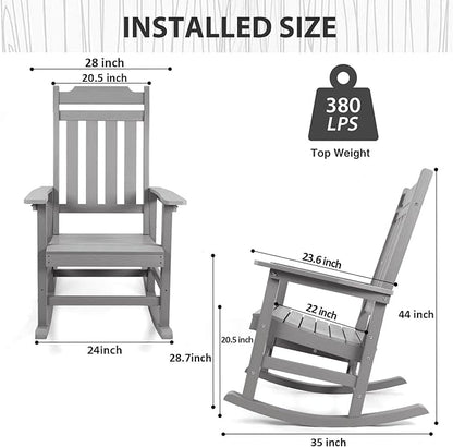 Rocking Chairs Set of 2, All Weather Resistant Poly Lumber Outdoor Porch Rocker, Rocking Chairs for Outdoor, Indoor, Patio, Deck, Garden, Backyard, Load Bearing 380 lbs - Grey