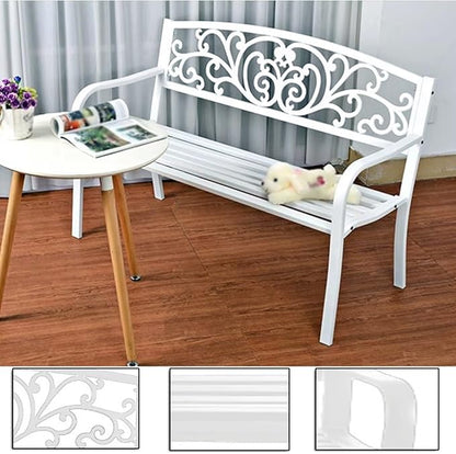 Outdoor Metal Garden Bench, Patio 3 Seater Steel Bench, Outdoor Furniture Seat w/Backrest and Armrests for Backyard, Park, Front Porch(White)
