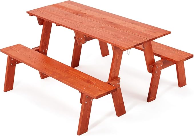 AVAWING 2 Piece Outdoor Convertible Bench, 2-in-1 Transforming Picnic Table Set, Wooden Garden Bench for Backyard, Porch, Patio, Tangerine