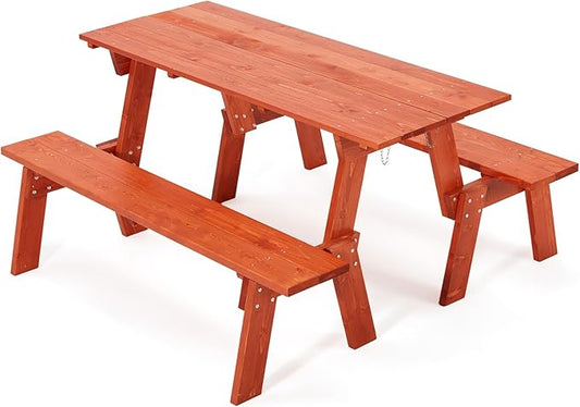 AVAWING 2 Piece Outdoor Convertible Bench, 2-in-1 Transforming Picnic Table Set, Wooden Garden Bench for Backyard, Porch, Patio, Tangerine
