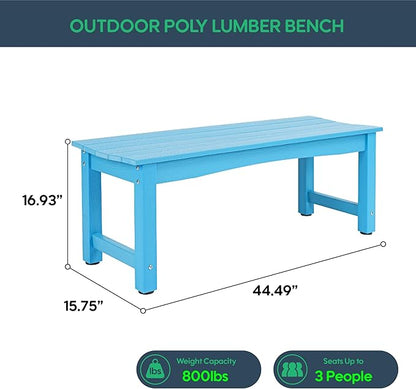Weatherproof HIPS Outdoor Bench, 2-Person Patio Dining Bench, All-Weather Poly Lumber Garden Bench, Never Rot or Fade, Park Bench with Wood Grains for Porch, Deck, Entryway, Blue, 2 Pack