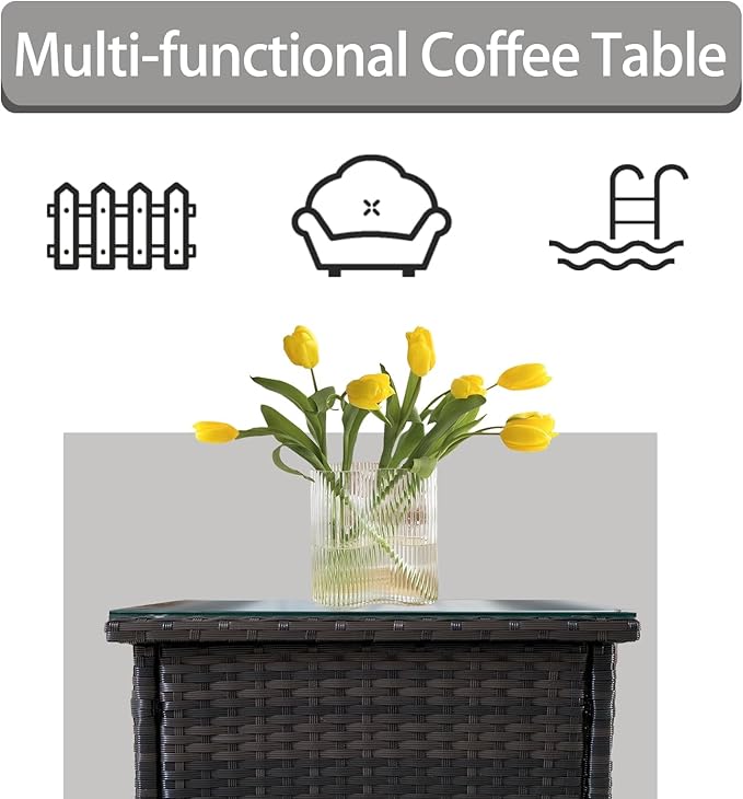 Outdoor Patio Wicker Table, Rattan Side Table, Modern Patio End Side Table with Glass Countertop and Storage Space - Photo 3