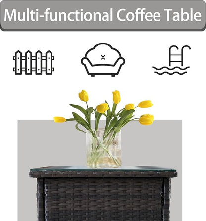 Outdoor Patio Wicker Table,Rattan Side Table,Modern Patio End Side Table with Glass Countertop and Storage Space,for Porch Garden Balcony