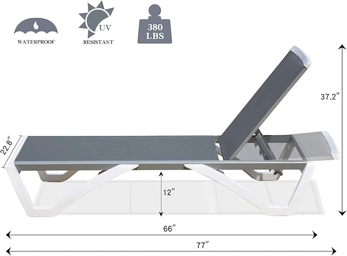 Domi Chaise Lounge Outdoor, Patio Lounge Chair with Aluminum Frame, All Weather Pool Lounge Chair for Deck Lawn Backyard, Gray Textilene