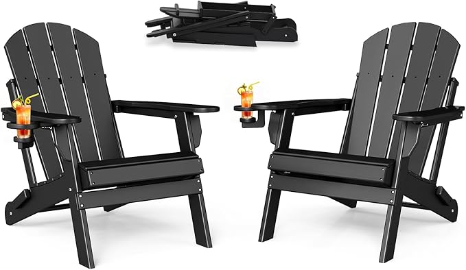 BRIOPAWS Folding-Adirondack-Chairs Set of 2 | HDPE | Fire Pit Chair | Cup Holder | Weather Resistance | Black | for Outdoor Backyard Deck Patio
