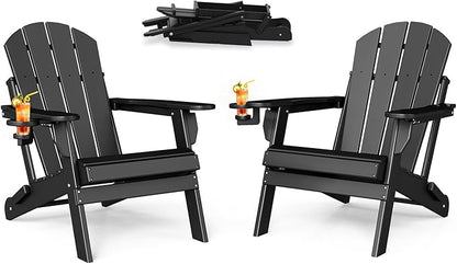 BRIOPAWS Folding-Adirondack-Chairs Set of 2 | HDPE | Fire Pit Chair | Cup Holder | Weather Resistance | Black | for Outdoor Backyard Deck Patio