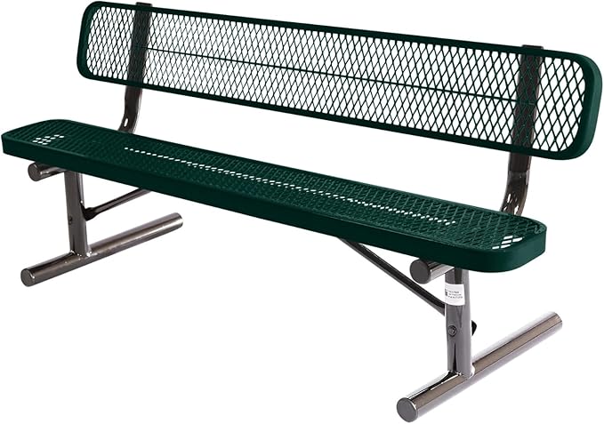 COATEDOUTDOORFURNITURE Heavy-Duty Portable Outdoor Bench Thermoplastic Coated, Expanded Metal, Commercial-Grade Seating, Made in America (Portable with Back, 6 Ft, Dark Green)