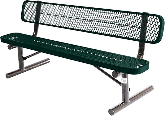 COATEDOUTDOORFURNITURE Heavy-Duty Portable Outdoor Bench Thermoplastic Coated, Expanded Metal, Commercial-Grade Seating, Made in America (Portable with Back, 6 Ft, Dark Green)