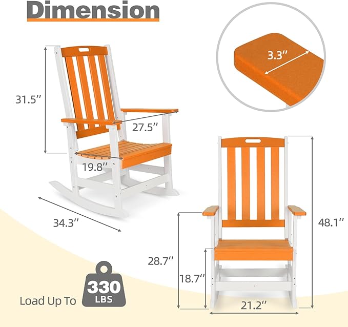 Aoodor Outdoor Rocking Chair, Ergonomic HDPE Rockers with All-Weather Design for Patio or Porch, Clashing Colors, Orange and White,Set of 4