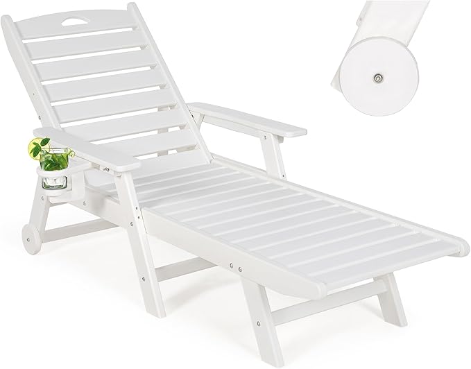 nalone HDPE Chaise Lounge Chair Outdoor with Wheels & Cup Holder, Pool Lounge Chairs with 5-Position Adjustable Backrest, Supports Up to 400 LBS for Patio Poolside Deck Beach Backyard (White)