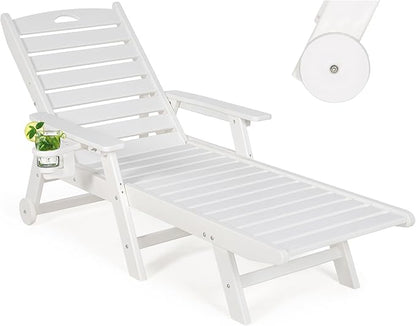 nalone HDPE Chaise Lounge Chair Outdoor with Wheels & Cup Holder, Pool Lounge Chairs with 5-Position Adjustable Backrest, Supports Up to 400 LBS for Patio Poolside Deck Beach Backyard (White)