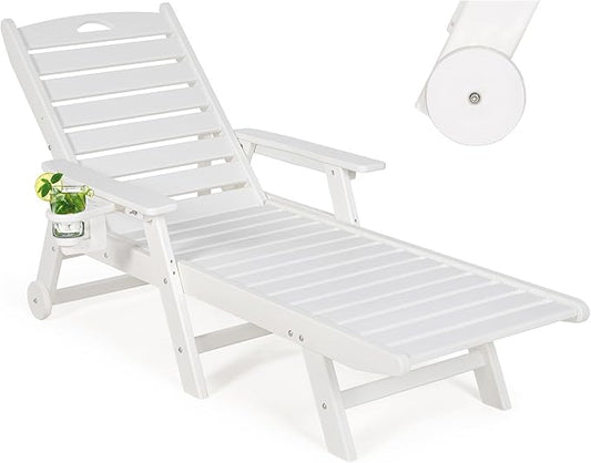 nalone HDPE Chaise Lounge Chair Outdoor with Wheels & Cup Holder, Pool Lounge Chairs with 5-Position Adjustable Backrest, Supports Up to 400 LBS for Patio Poolside Deck Beach Backyard (White)