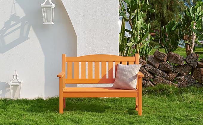 Psilvam 2-Person Outdoor Memorial Bench, All-Weather Poly Lumber Garden Bench, Rot-Resistant Outdoor Patio Bench for Park,Porch,and Church (Orange)