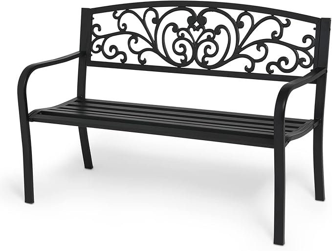 MoNiBloom Metal Bench Patio Benches for Outdoors, Iron Frame Antique Finish Park Bench with Armrests Lawn Porch Entryway Path Yard Decor Deck Furniture for 2-3 Adults Seat, Black