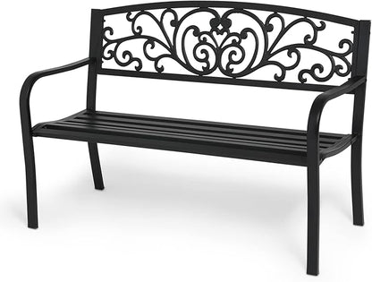 MoNiBloom Metal Bench Patio Benches for Outdoors, Iron Frame Antique Finish Park Bench with Armrests Lawn Porch Entryway Path Yard Decor Deck Furniture for 2-3 Adults Seat, Black