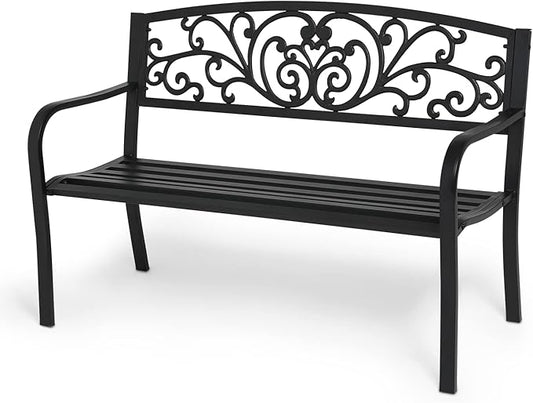 MoNiBloom Metal Bench Patio Benches for Outdoors, Iron Frame Antique Finish Park Bench with Armrests Lawn Porch Entryway Path Yard Decor Deck Furniture for 2-3 Adults Seat, Black