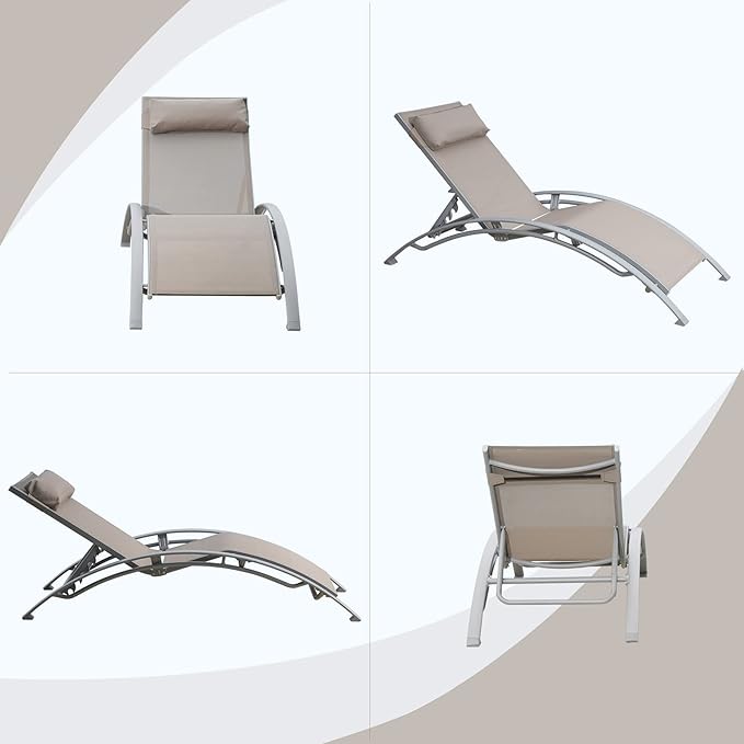 Domi Pool Lounge Chairs Set of 3, Adjustable Aluminum Outdoor Chaise Lounge Chairs with Metal Side Table, All Weather for Deck Lawn Poolside Backyard -Beige Textilene