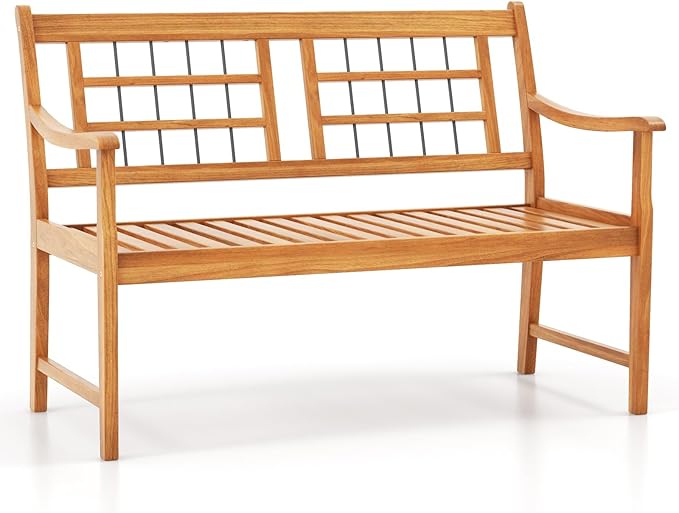 HAPPYGRILL Outdoor Acacia Wood Bench, 2-Person Patio Bench with Slatted Seat, Backrest & Armrests, 800 Lbs Max Load, Accent Patio Loveseat, Outside Bench for Garden Yard Lawn