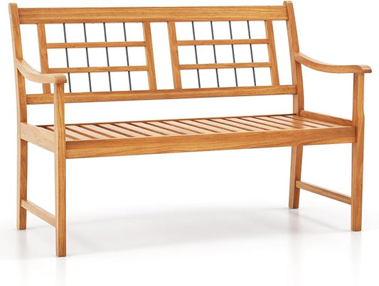 HAPPYGRILL Outdoor Acacia Wood Bench, 2-Person Patio Bench with Slatted Seat, Backrest & Armrests, 800 Lbs Max Load, Accent Patio Loveseat, Outside Bench for Garden Yard Lawn