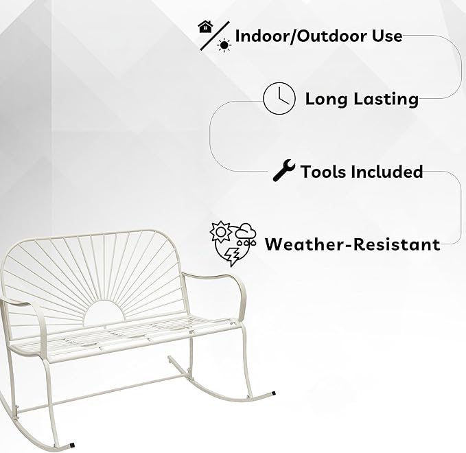 XBrand 44.5" L Iron Sun-Patterned Seat for Two Indoor/Outdoor Rocking Bench, Durable Patio Rocking Bench, White - Photo 6