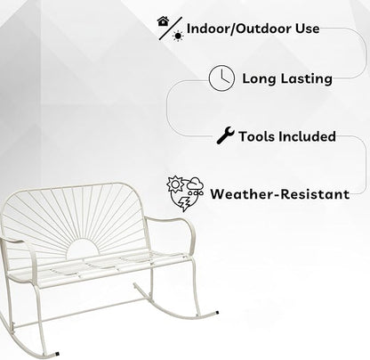 XBrand 44.5" L Iron Sun-Patterned Seat for Two Indoor/Outdoor Rocking Bench, Durable Patio Rocking Bench, White
