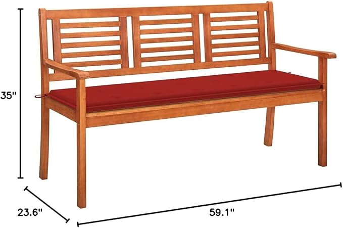 Brown Solid Eucalyptus Wood 59.1 Inch Ergonomic 3-Seater Garden Bench with Removable Cushion for Patio Balcony Outdoor Seating Furniture