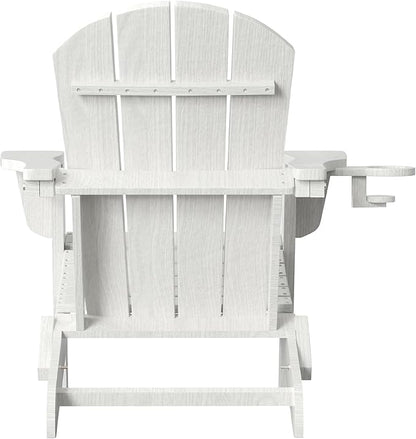 Folding Adirondack Chair with Cup Holder, HDPE All-Weather Folding Patio Chair, Outdoor Patio Adirondack Chair for Lawn Porch Garden Backyard Deck Fire Pit, White