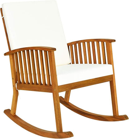Tangkula Outdoor Acacia Wood Rocking Chair, Wooden Rocker w/Detachable Washable Cushions, Rocker for Porch Garden Patio Balcony Pool Indoor (1, Teak)