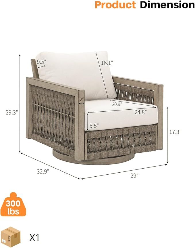 Swivel Patio Chair, Never Rust Aluminum Outdoor Swivel Sofa Chair with Washable Cushions, Rope Weave Patio Sofa Armchair - Photo 3