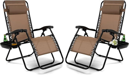 Tangkula Zero Gravity Chair, Folding Patio Lounge Chair Adjustable Outdoor Recliner with Cup Holder, Wide Armrest for Patio Garden Poolside Outdoor Yard Beach, Support 350 lbs (2, Light Brown)