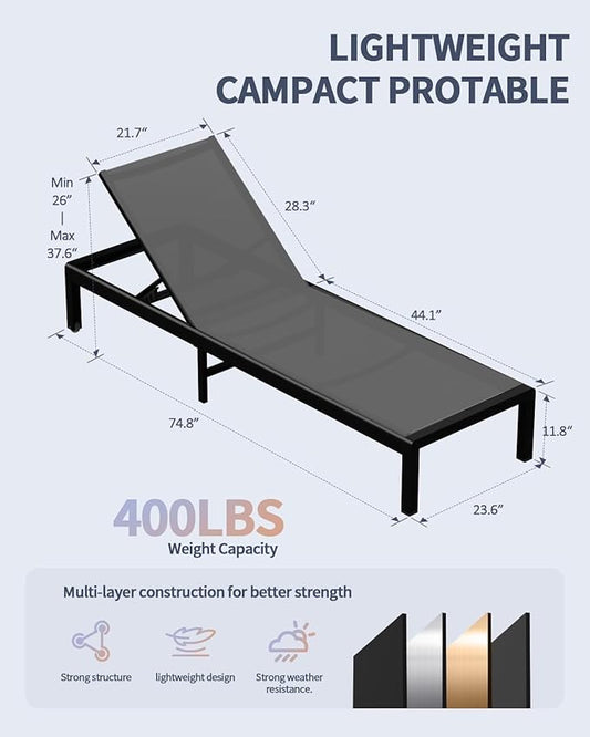 Aluminum Lounge Chairs Outdoor Chaise Furniture,2 Sets Patio Metal Deck Lounger Adjustable 5-Position Poolside Chase Recliner with Wheels for Beach,Coffee Table, (Gray, 2 Chairs + Table)