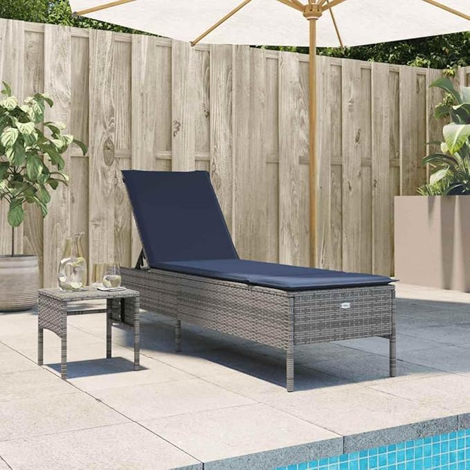 Outdoor Chaise Lounge Grey PE Rattan Patio Sun Lounger 30.7x8.5x15in Adjustable Backrest Removable Cushion for Poolside Garden Balcony