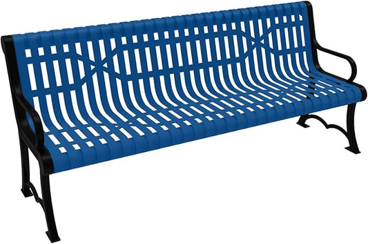 COATEDOUTDOORFURNITURE Heavy-Duty Outdoor Bench Thermoplastic Coated, Slated Steel, Commercial-Grade Garden Bench, Made in America (Portable with Back, 6 Ft, Textured Light Blue)