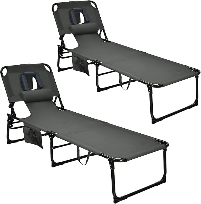 GYMAX Tanning Chair, Folding Beach Lounger with Face Arm Hole, Adjustable Backrest, Side Pocket, Pillow & Carry Handle, Outside Sunbathing Lounge Chair for Patio, Poolside, Lawn (2, Gray)