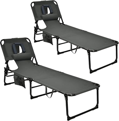 GYMAX Tanning Chair, Folding Beach Lounger with Face Arm Hole, Adjustable Backrest, Side Pocket, Pillow & Carry Handle, Outside Sunbathing Lounge Chair for Patio, Poolside, Lawn (2, Gray)