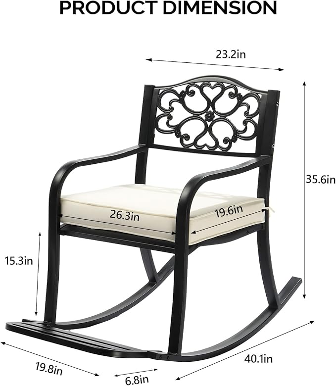 Metal Rocking Chair with Cushion, Outdoor Rocking Bench Wrought Iron Patio Rocking Chair with Footrest for Outside - Photo 3