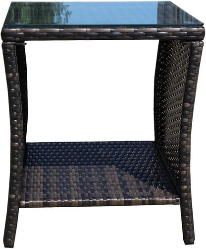 Rattan Side Table with Glass Top, Outdoor Wicker End Table for Patio, Porch, Garden, 19.25" Square, 21" Tall, 120 Lbs Capacity, Weather-Resistant PE Rattan, Easy Assembly