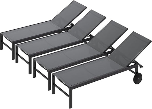 SUNLEI Patio Chaise Lounge Outdoor Set of 2, Pool Lounge Chairs for Outside w/5-Position Adjustable Backrest & All Weather, Tanning Recliner Chair for Pool Beach Deck (Grey, 4 Pieces)