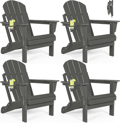 Folding Adirondack Chairs Set of 4 - Plastic Adirondack Chairs with Cup Holder, Weather Resistant for Outdoor, Patio, Lawn, Garden, Backyard Deck, Fire Pit - Dark Gray