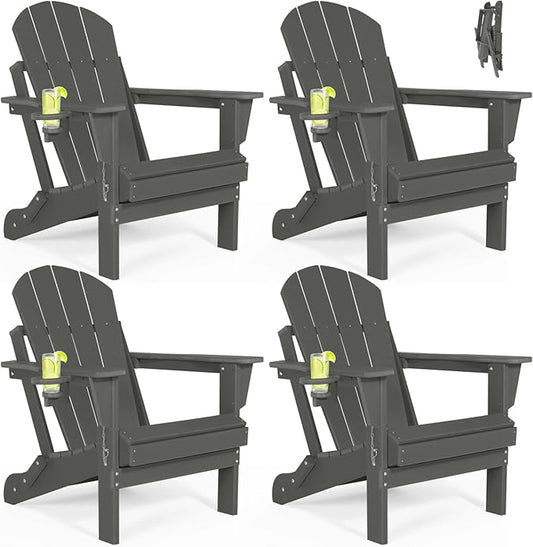 Folding Adirondack Chairs Set of 4 - Plastic Adirondack Chairs with Cup Holder, Weather Resistant for Outdoor, Patio, Lawn, Garden, Backyard Deck, Fire Pit - Dark Gray