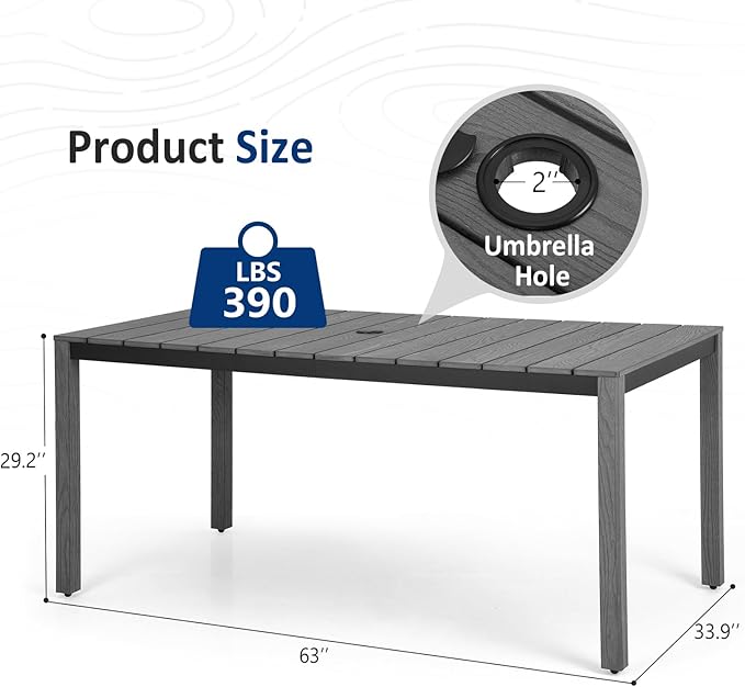 Outdoor Dining Table, Weatherproof 63" Rectangle HIPS Patio Dining Table for 6, with 2" Umbrella Hole, Outdoor Table for Backyard Deck Poolside, Gray
