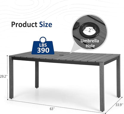 Outdoor Dining Table, Weatherproof 63" Rectangle HIPS Patio Dining Table for 6, with 2" Umbrella Hole, Outdoor Table for Backyard Deck Poolside, Gray