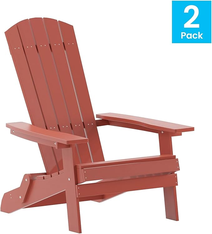 Flash Furniture Charlestown Folding Adirondack Chair - Red - Poly Resin - Indoor/Outdoor - Weather Resistant - Set of 2