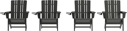Flash Furniture Halifax Adirondack Chairs with Cup Holders, Weather Resistant Poly Resin Adirondack Chairs, Set of 4, Black